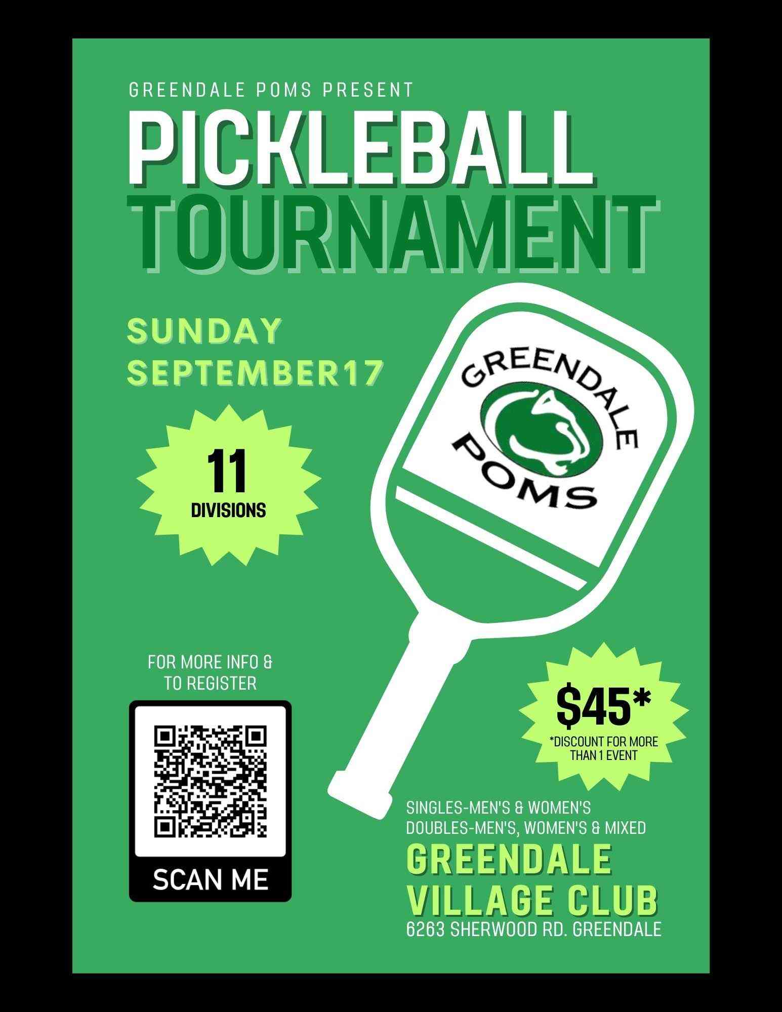 REGISTRATION IS NOW CLOSED: Pickleball Tournament - Presented by the Greendale Poms Image